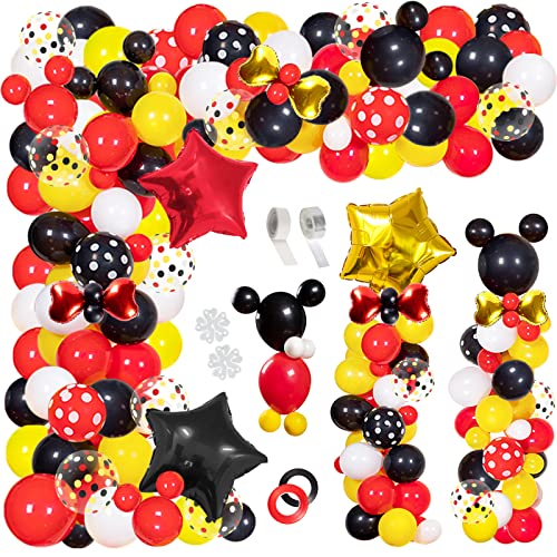 JULLIZ 142pcs Mickey Mouse Balloons Garland Kit, Foil Confetti Black Red Yellow White for Cartoon Mickey Theme Birthday Shower Decorations