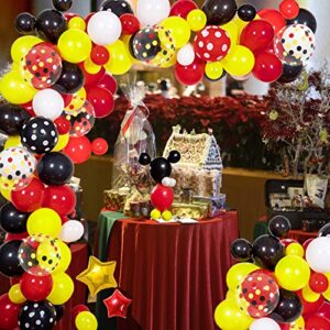 JULLIZ 142pcs Mickey Mouse Balloons Garland Kit, Foil Confetti Black Red Yellow White for Cartoon Mickey Theme Birthday Shower Decorations