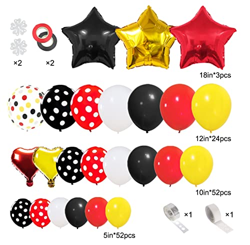 JULLIZ 142pcs Mickey Mouse Balloons Garland Kit, Foil Confetti Black Red Yellow White for Cartoon Mickey Theme Birthday Shower Decorations