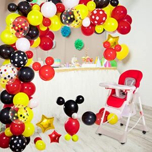 JULLIZ 142pcs Mickey Mouse Balloons Garland Kit, Foil Confetti Black Red Yellow White for Cartoon Mickey Theme Birthday Shower Decorations