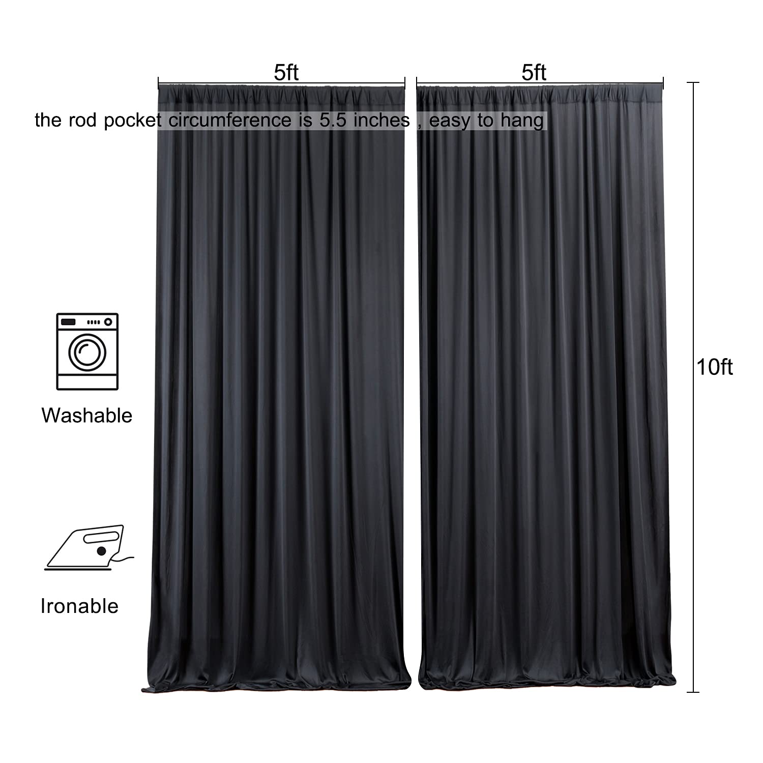 10ft x 10ft Wrinkle Free Black Backdrop Curtains for Parties, Polyester Photo Backdrop Drapes 2 Panels 5x10ft Photography for Wedding Birthday Backdrop Background