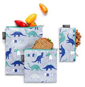 simple modern reusable snack bags for kids, boys | food safe, bpa free, phthalate free, polyester zip pouches | washable & refillable sandwich bag | ellie collection | 3 pack | dinosaur roar