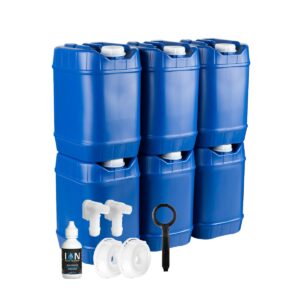 saratoga farms 5-gallon stackable water storage containers with lids, emergency water storage kit including spigots, wrench, and water preserver, 30 gallons