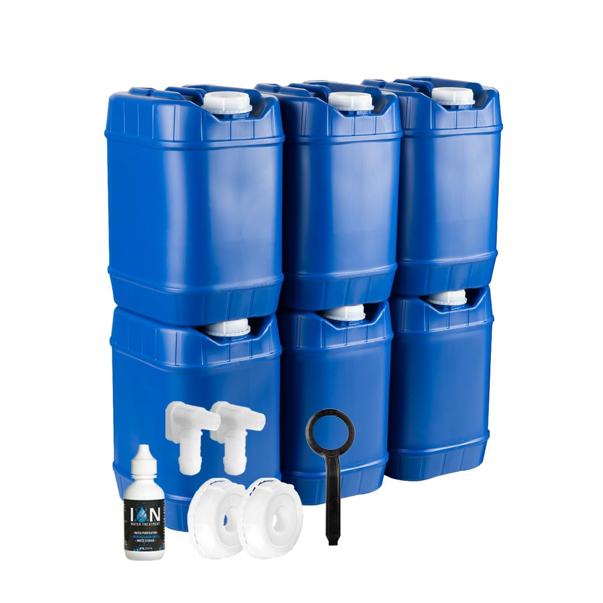 Saratoga Farms 5-Gallon Stackable Water Storage Containers with Lids, Emergency Water Storage Kit Including Spigots, Wrench, and Water Preserver, 30 Gallons