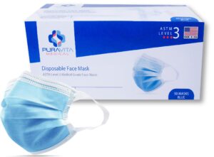 puravita 3 ply ultra soft earloop face mask - high filter efficiency ≥ 98% - made in usa - astm level 3 - box/50