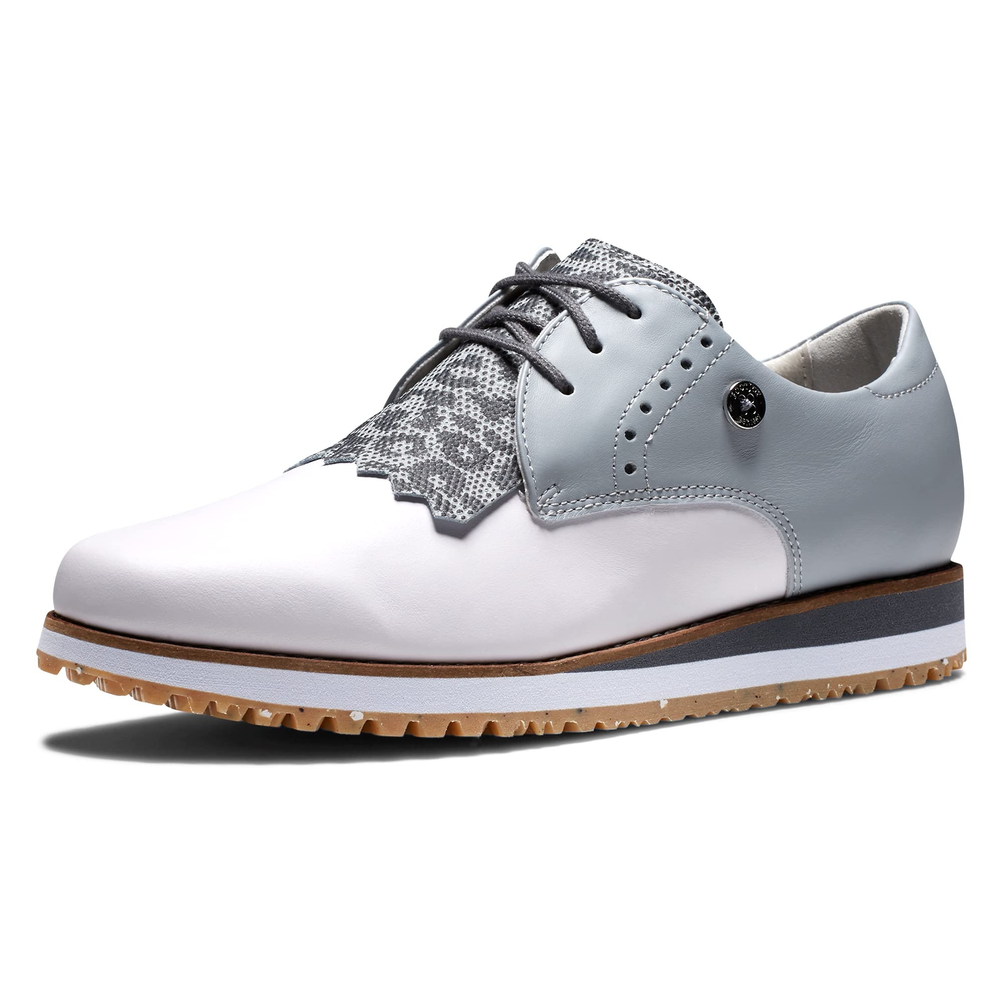 FootJoy Women's Sport Retro Previous Season Style Golf Shoe, White/Grey/Leopard, 8