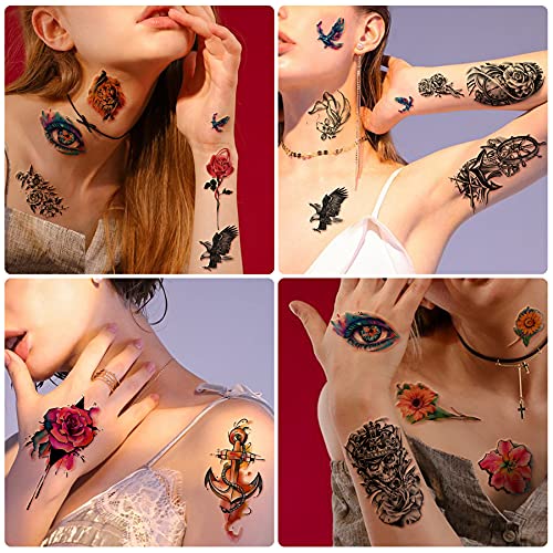 49 Temporary Tattoos Waterproof for Men and Women, 3D Realistic Half Arm Fake Tattoos, Floral Animal Peony Rose Butterfly Tiger Snake Tattoo Stickers for Teens Girls Body Hand Shoulder Chin