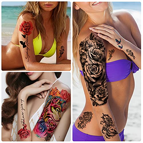 49 Temporary Tattoos Waterproof for Men and Women, 3D Realistic Half Arm Fake Tattoos, Floral Animal Peony Rose Butterfly Tiger Snake Tattoo Stickers for Teens Girls Body Hand Shoulder Chin