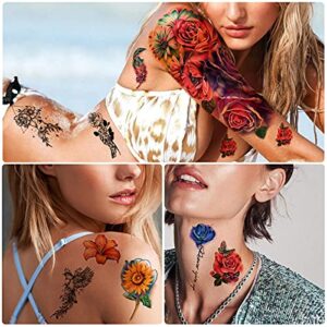 49 Temporary Tattoos Waterproof for Men and Women, 3D Realistic Half Arm Fake Tattoos, Floral Animal Peony Rose Butterfly Tiger Snake Tattoo Stickers for Teens Girls Body Hand Shoulder Chin
