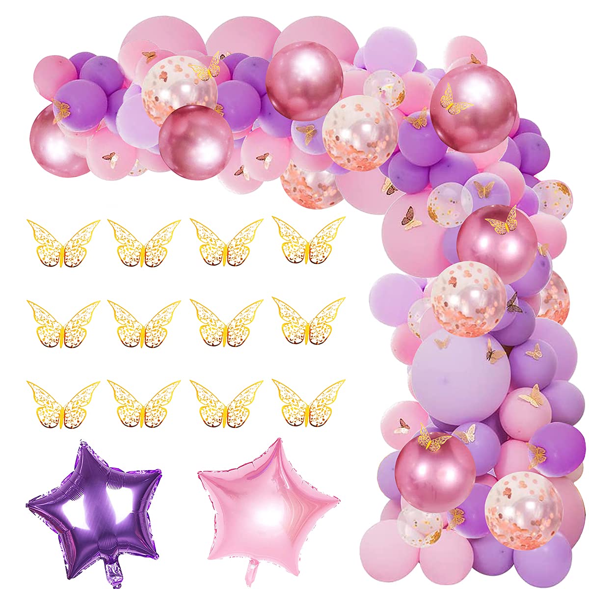 126 Pcs Butterfly Pink and Purple Balloon Garland Kit, Butterfly Theme Balloon Arch with Gold Butterfly Star Foil Balloons for Girls Women Birthday Baby Bridal Shower Wedding Party Decoration