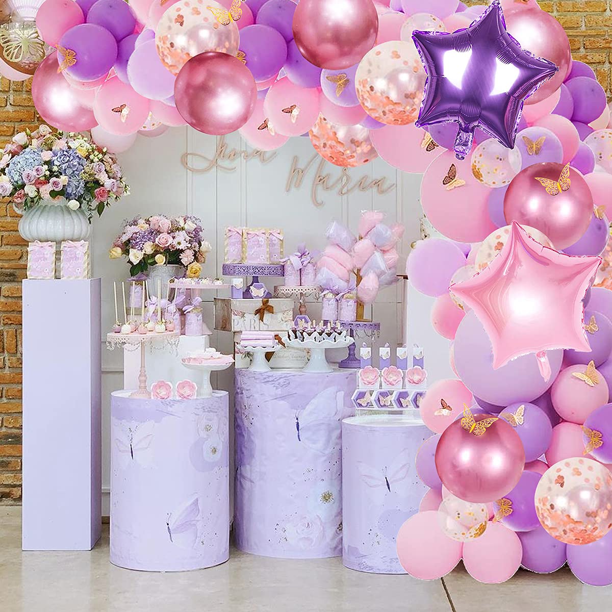 126 Pcs Butterfly Pink and Purple Balloon Garland Kit, Butterfly Theme Balloon Arch with Gold Butterfly Star Foil Balloons for Girls Women Birthday Baby Bridal Shower Wedding Party Decoration