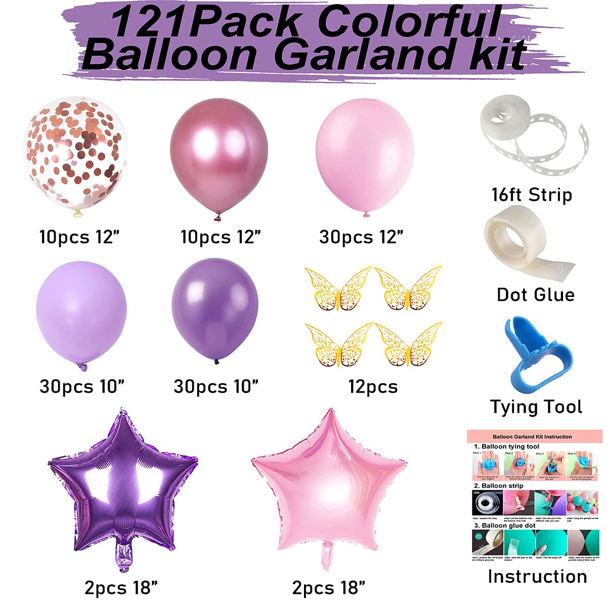 126 Pcs Butterfly Pink and Purple Balloon Garland Kit, Butterfly Theme Balloon Arch with Gold Butterfly Star Foil Balloons for Girls Women Birthday Baby Bridal Shower Wedding Party Decoration