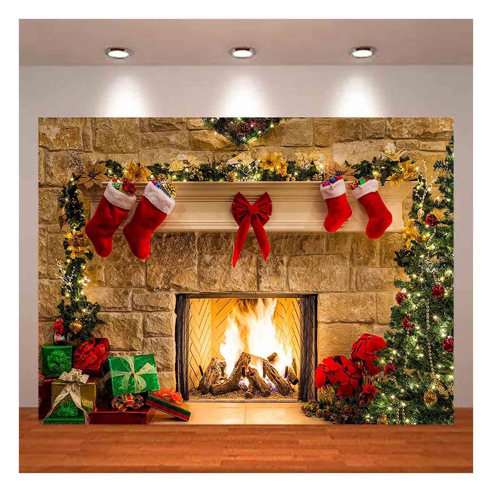 XLL Christmas Photography Backdrops Christmas Fireplace Decoration Background for Photo Happy Holiday Party Decoration Props 7x5FT(210CM X 150CM)