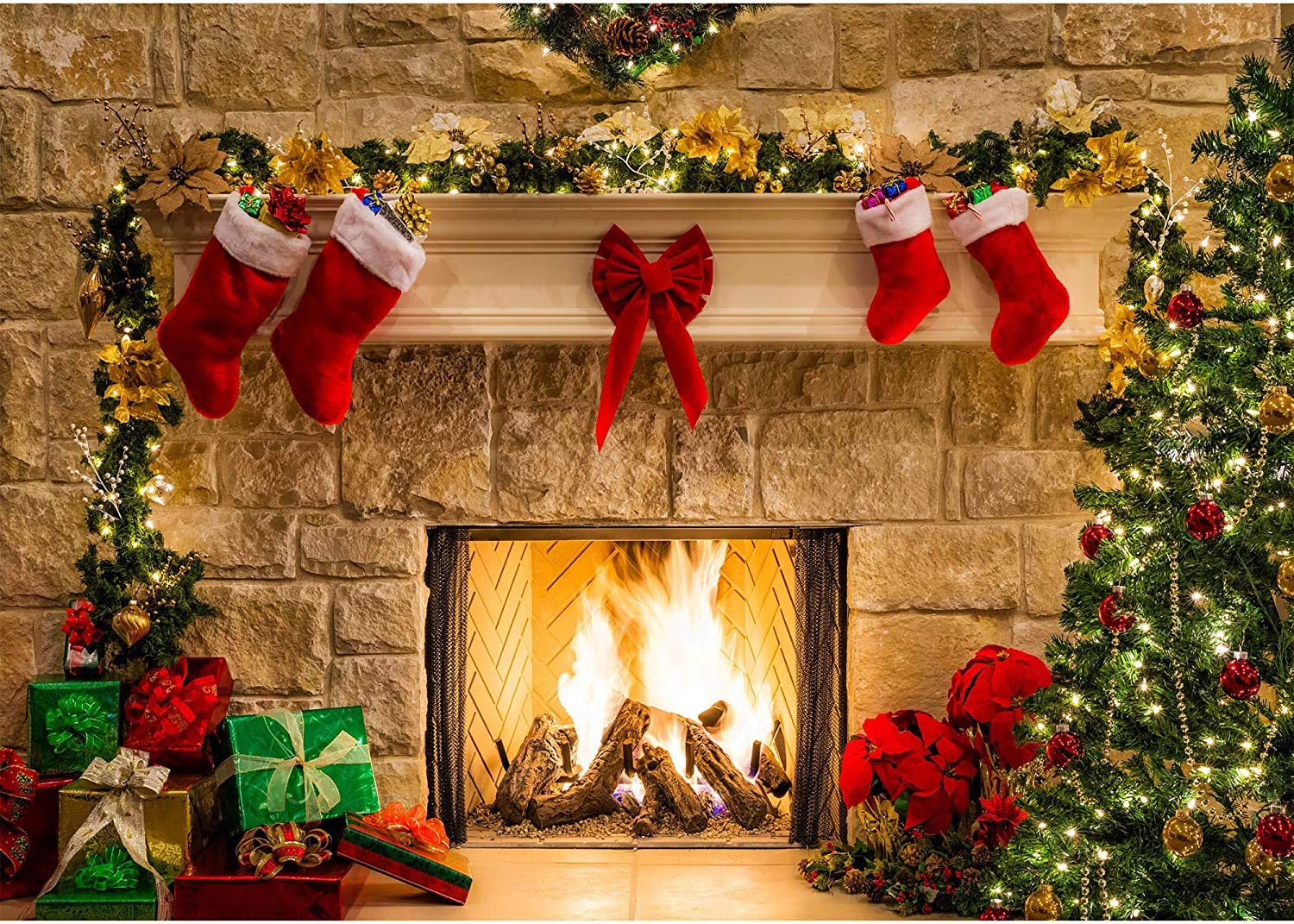 XLL Christmas Photography Backdrops Christmas Fireplace Decoration Background for Photo Happy Holiday Party Decoration Props 7x5FT(210CM X 150CM)