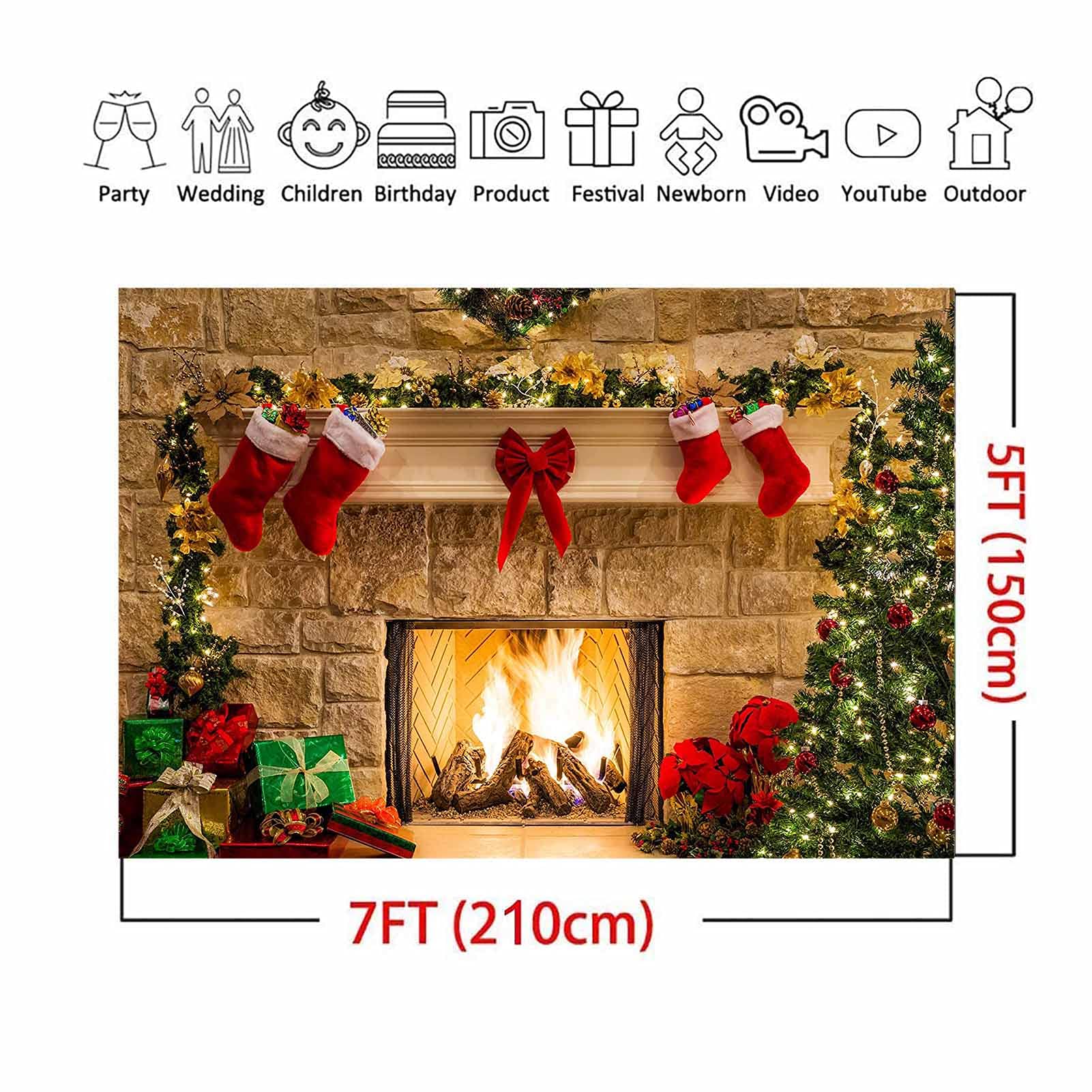 XLL Christmas Photography Backdrops Christmas Fireplace Decoration Background for Photo Happy Holiday Party Decoration Props 7x5FT(210CM X 150CM)