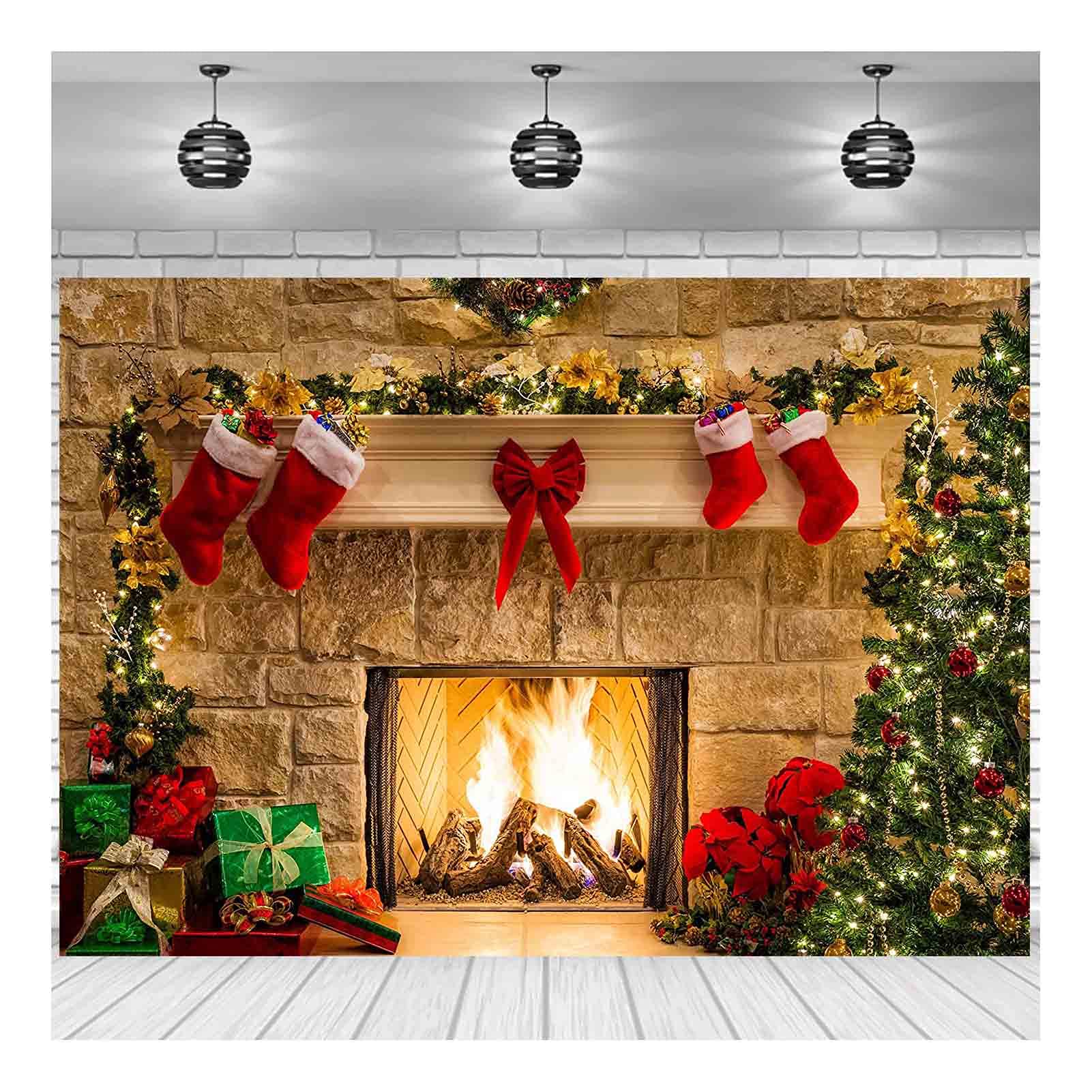 XLL Christmas Photography Backdrops Christmas Fireplace Decoration Background for Photo Happy Holiday Party Decoration Props 7x5FT(210CM X 150CM)