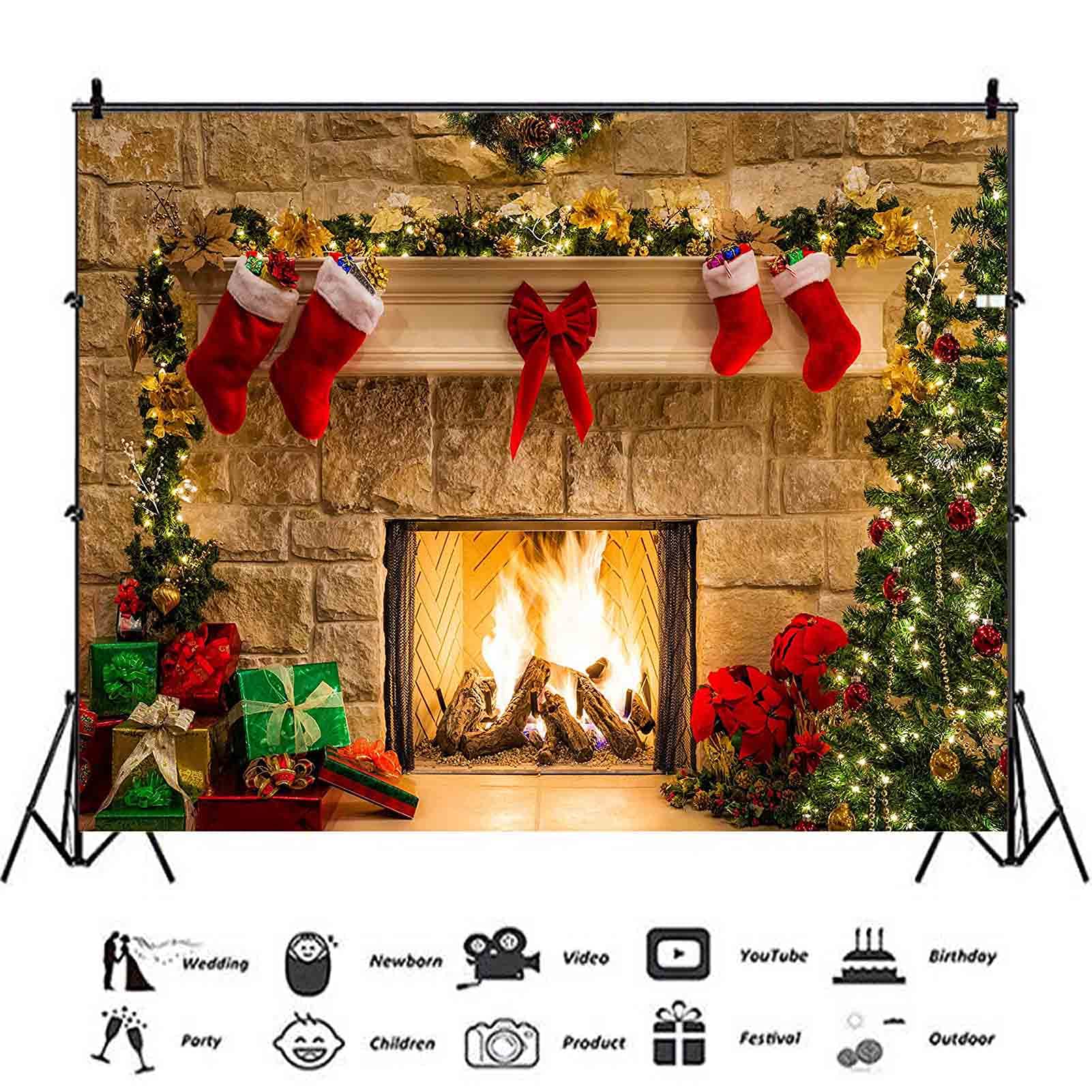 XLL Christmas Photography Backdrops Christmas Fireplace Decoration Background for Photo Happy Holiday Party Decoration Props 7x5FT(210CM X 150CM)