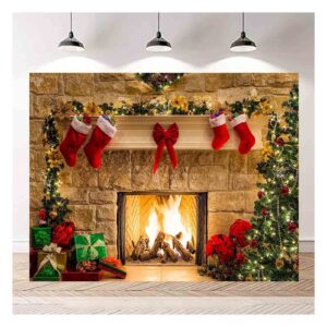 XLL Christmas Photography Backdrops Christmas Fireplace Decoration Background for Photo Happy Holiday Party Decoration Props 7x5FT(210CM X 150CM)