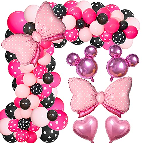 Pink Mouse Color Balloon Garland Kit, 116 Pcs Pink Black Polka Dot Balloon Arch with Bow Foil Balloons for Girls Kids Pink Mouse Theme Birthday Baby Shower Decorations