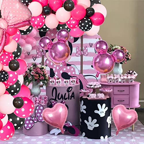 Pink Mouse Color Balloon Garland Kit, 116 Pcs Pink Black Polka Dot Balloon Arch with Bow Foil Balloons for Girls Kids Pink Mouse Theme Birthday Baby Shower Decorations