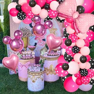 Pink Mouse Color Balloon Garland Kit, 116 Pcs Pink Black Polka Dot Balloon Arch with Bow Foil Balloons for Girls Kids Pink Mouse Theme Birthday Baby Shower Decorations