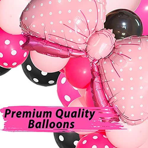 Pink Mouse Color Balloon Garland Kit, 116 Pcs Pink Black Polka Dot Balloon Arch with Bow Foil Balloons for Girls Kids Pink Mouse Theme Birthday Baby Shower Decorations