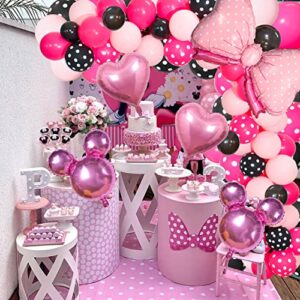 Pink Mouse Color Balloon Garland Kit, 116 Pcs Pink Black Polka Dot Balloon Arch with Bow Foil Balloons for Girls Kids Pink Mouse Theme Birthday Baby Shower Decorations