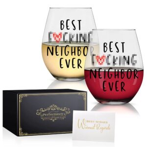 perfectinsoy best neighbor ever wine glass set of 2, funny novelty neighbor wine glass, housewarming gift for neighbor, new home owner, friends, women, social distancing gift
