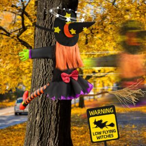 crashing witch décor for halloween decorations clearance outdoor witch props ornaments, hanging into tree/porch pole/door/indoor/yard, with adjustable band, funny witches flying crashed