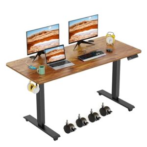 farexon electric standing desk adjustable height, 48x 24 inches sit stand up computer desk with double metal hook，4 memory preset heights, 27''-45'' lifting range for home/office，vintage brown