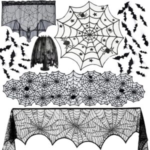 anditoy 6 pack halloween decorations sets spider webs tablecloth fireplace scarf runner round cobweb table cover lampshade door curtain with 24pcs 3d bats for halloween decor indoor party supplies