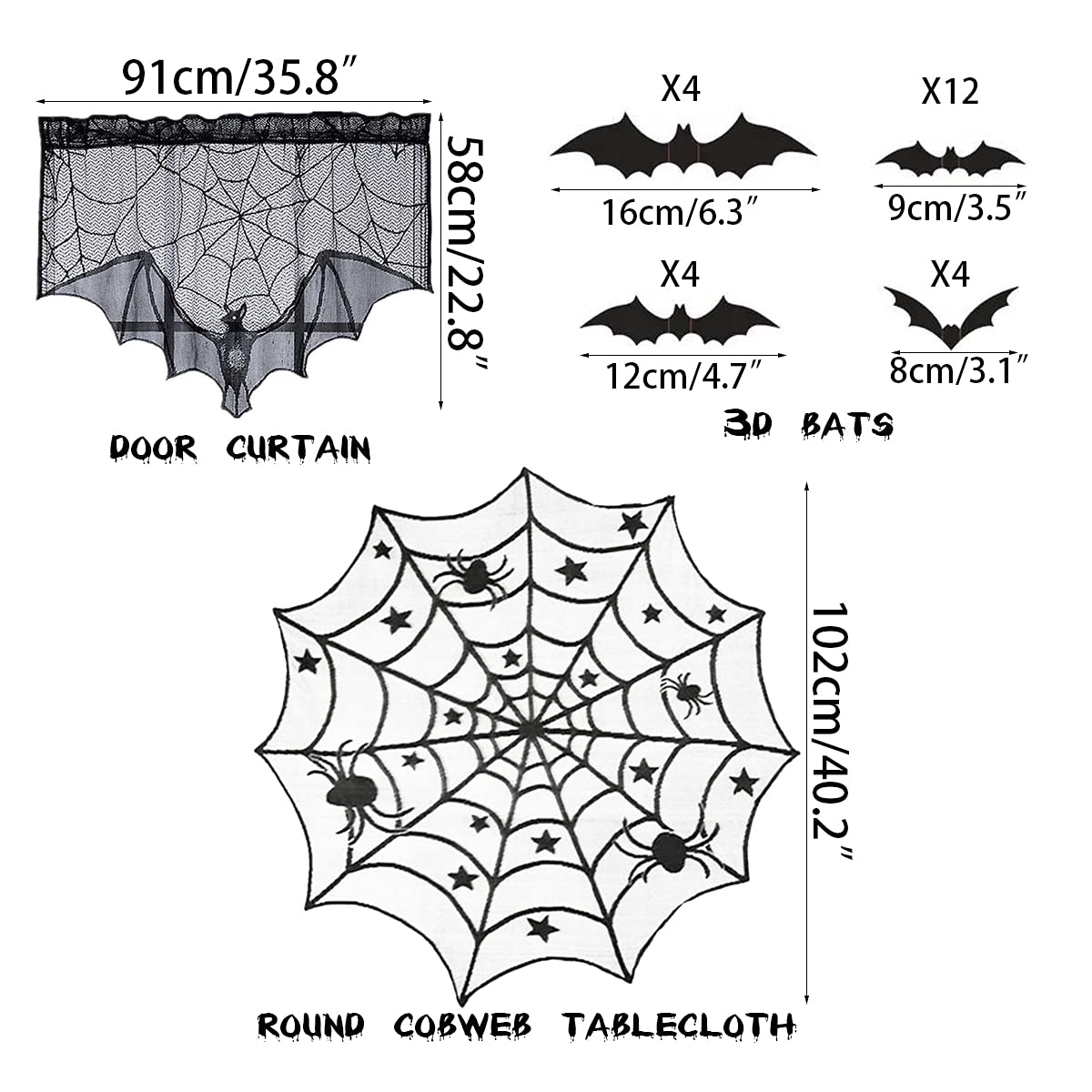 Anditoy 6 Pack Halloween Decorations Sets Spider Webs Tablecloth Fireplace Scarf Runner Round Cobweb Table Cover Lampshade Door Curtain with 24pcs 3D Bats for Halloween Decor Indoor Party Supplies
