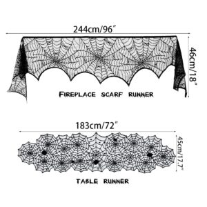 Anditoy 6 Pack Halloween Decorations Sets Spider Webs Tablecloth Fireplace Scarf Runner Round Cobweb Table Cover Lampshade Door Curtain with 24pcs 3D Bats for Halloween Decor Indoor Party Supplies