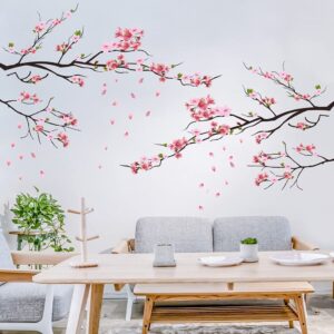 rw-ksr16 pink peach flower wall decals cherry blossom tree branch wall stickers diy removable florals plants wall art decor for kids girls bedroom livig room nursery office wall decoration