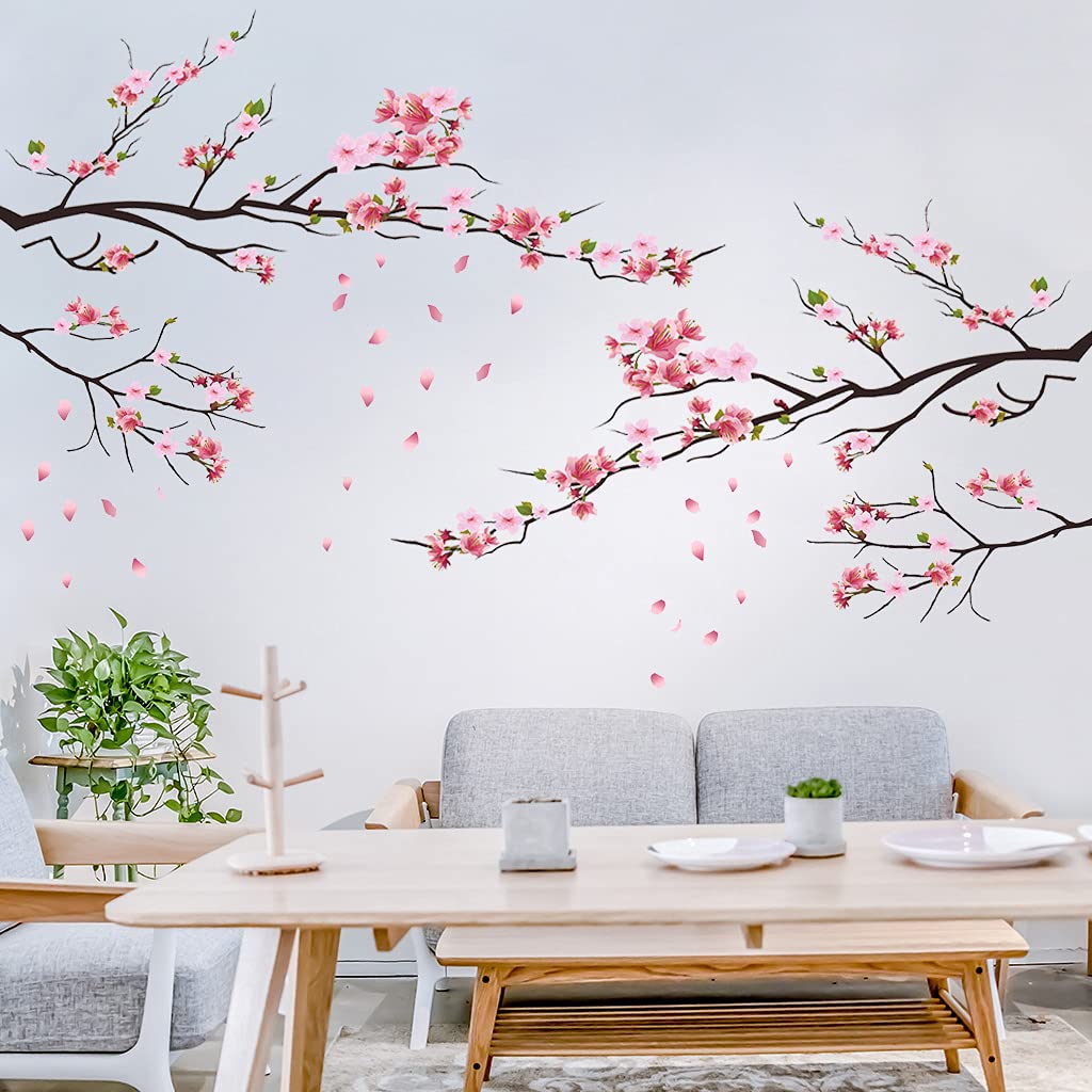 RW-KSR16 Pink Peach Flower Wall Decals Cherry Blossom Tree Branch Wall Stickers DIY Removable Florals Plants Wall Art Decor for Kids Girls Bedroom Livig Room Nursery Office Wall Decoration