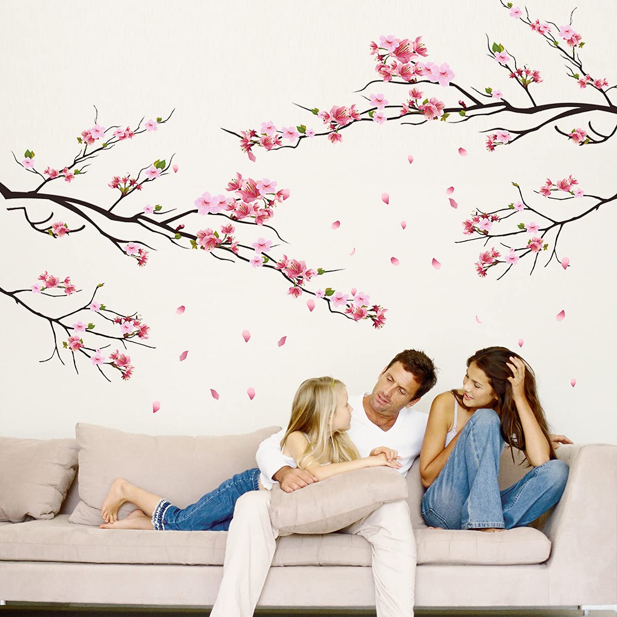 RW-KSR16 Pink Peach Flower Wall Decals Cherry Blossom Tree Branch Wall Stickers DIY Removable Florals Plants Wall Art Decor for Kids Girls Bedroom Livig Room Nursery Office Wall Decoration