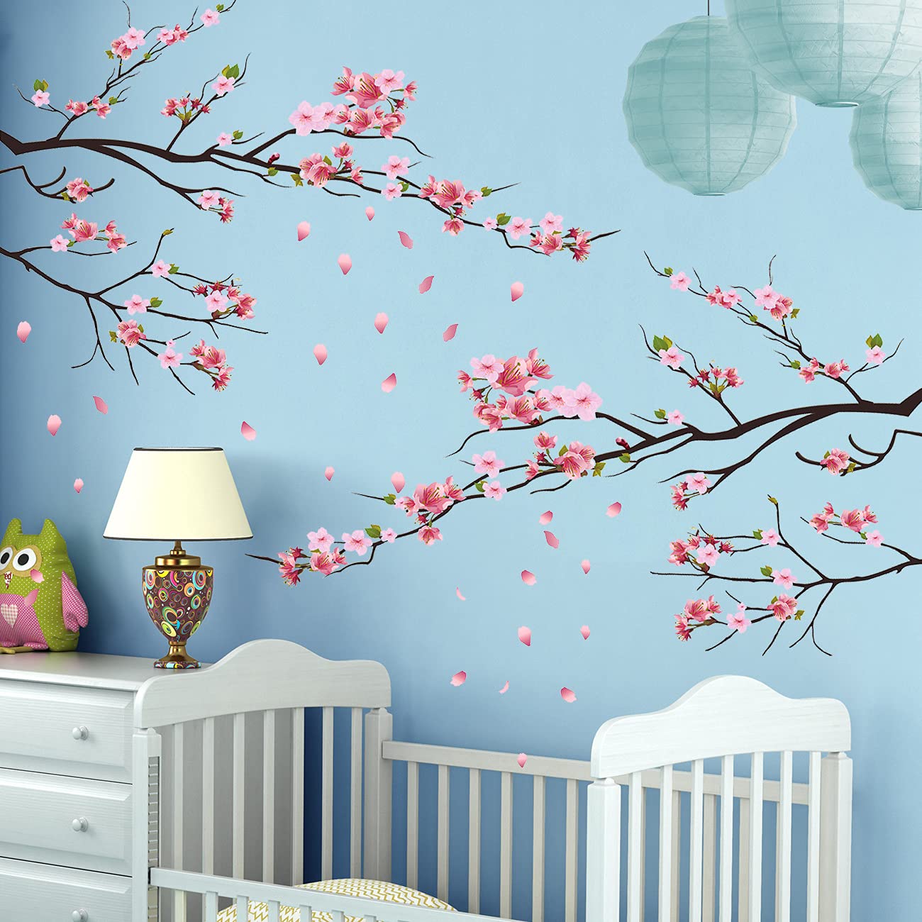 RW-KSR16 Pink Peach Flower Wall Decals Cherry Blossom Tree Branch Wall Stickers DIY Removable Florals Plants Wall Art Decor for Kids Girls Bedroom Livig Room Nursery Office Wall Decoration