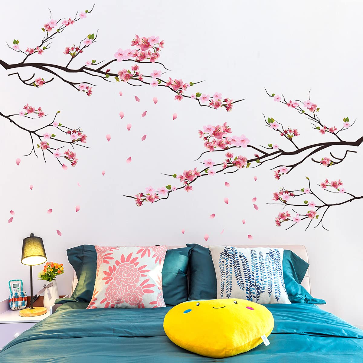 RW-KSR16 Pink Peach Flower Wall Decals Cherry Blossom Tree Branch Wall Stickers DIY Removable Florals Plants Wall Art Decor for Kids Girls Bedroom Livig Room Nursery Office Wall Decoration