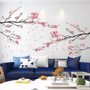 RW-KSR16 Pink Peach Flower Wall Decals Cherry Blossom Tree Branch Wall Stickers DIY Removable Florals Plants Wall Art Decor for Kids Girls Bedroom Livig Room Nursery Office Wall Decoration