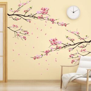 RW-KSR16 Pink Peach Flower Wall Decals Cherry Blossom Tree Branch Wall Stickers DIY Removable Florals Plants Wall Art Decor for Kids Girls Bedroom Livig Room Nursery Office Wall Decoration