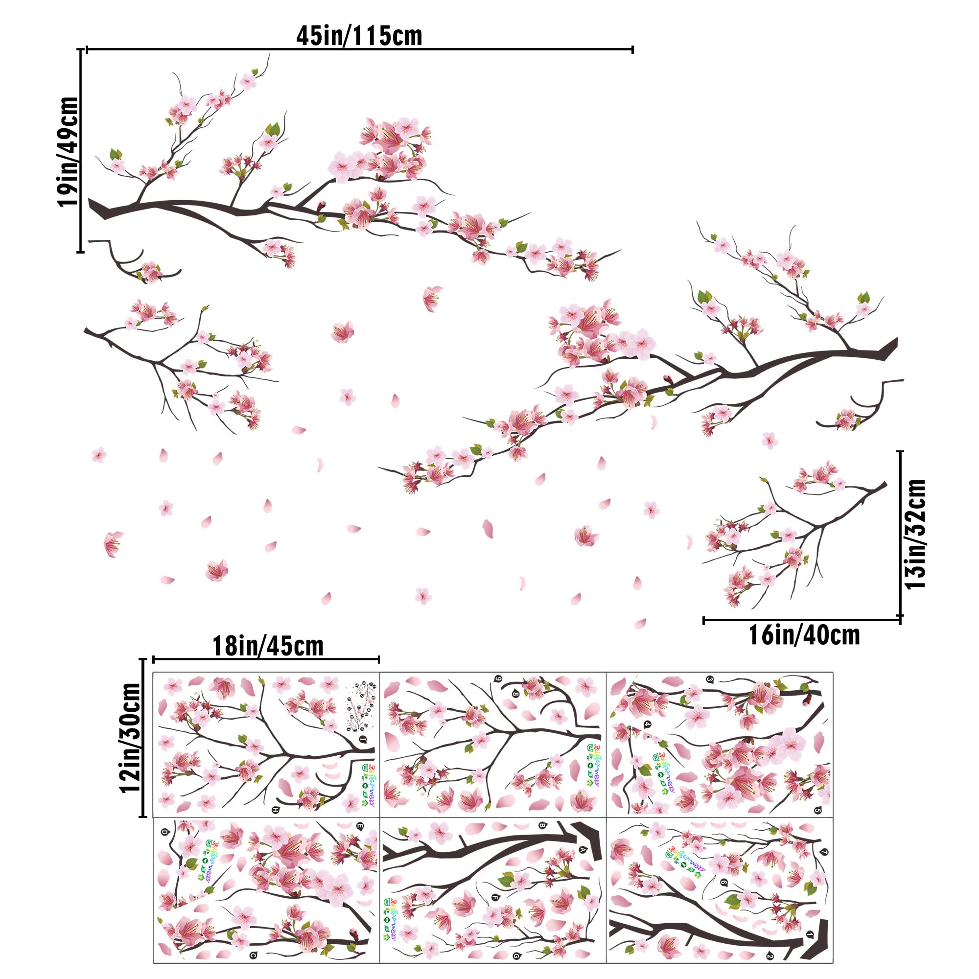 RW-KSR16 Pink Peach Flower Wall Decals Cherry Blossom Tree Branch Wall Stickers DIY Removable Florals Plants Wall Art Decor for Kids Girls Bedroom Livig Room Nursery Office Wall Decoration
