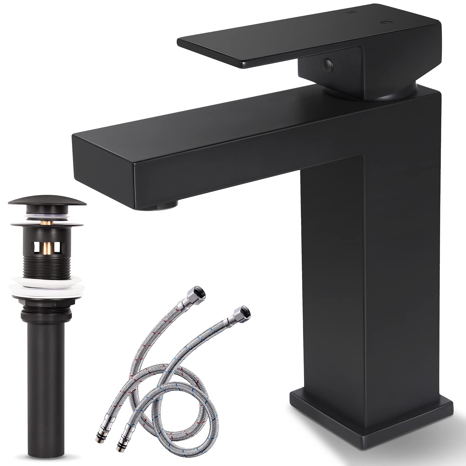 Vonvan Matte Black Bathroom Faucet, Solid Brass, Modern Single Handle Vanity Faucet, Lead-Free, with Pop-up Drain and Water Supply Hoses