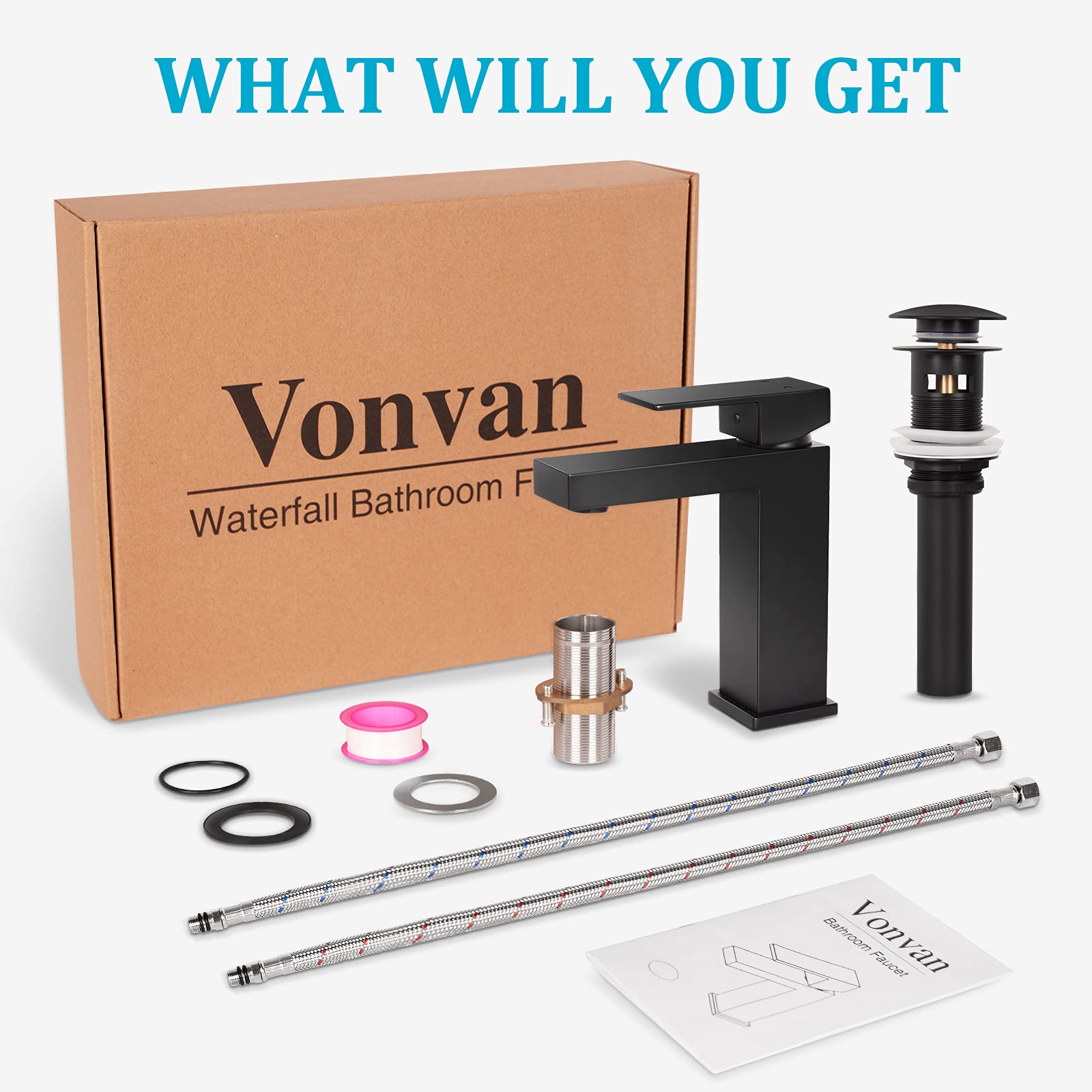 Vonvan Matte Black Bathroom Faucet, Solid Brass, Modern Single Handle Vanity Faucet, Lead-Free, with Pop-up Drain and Water Supply Hoses