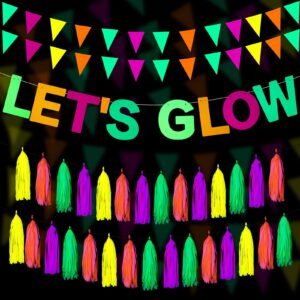 outus neon party supplies includes let's glow banner 20 pieces neon paper tassels and neon triangle flag glow in the dark party supplies bunting party hanging decorations for birthday christmas party