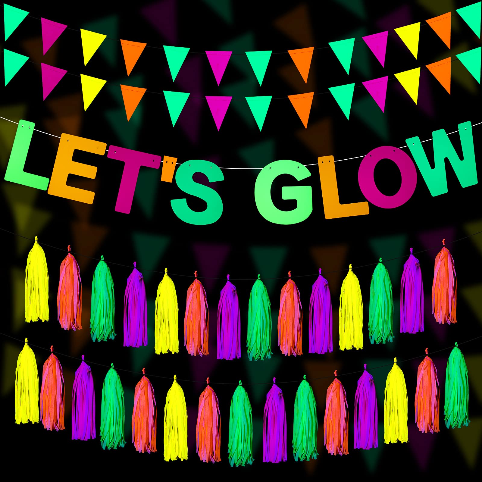 Outus Neon Party Supplies Includes Let's Glow Banner 20 Pieces Neon Paper Tassels and Neon Triangle Flag Glow in The Dark Party Supplies Bunting Party Hanging Decorations for Birthday Christmas Party