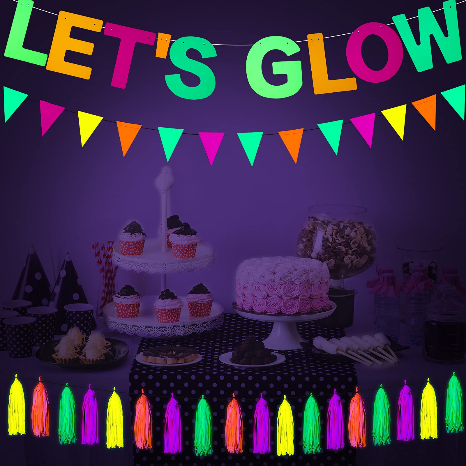 Outus Neon Party Supplies Includes Let's Glow Banner 20 Pieces Neon Paper Tassels and Neon Triangle Flag Glow in The Dark Party Supplies Bunting Party Hanging Decorations for Birthday Christmas Party