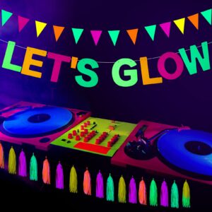 Outus Neon Party Supplies Includes Let's Glow Banner 20 Pieces Neon Paper Tassels and Neon Triangle Flag Glow in The Dark Party Supplies Bunting Party Hanging Decorations for Birthday Christmas Party