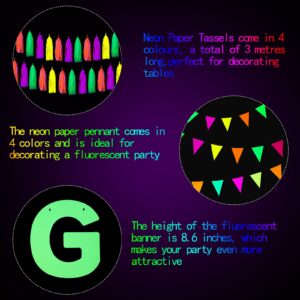 Outus Neon Party Supplies Includes Let's Glow Banner 20 Pieces Neon Paper Tassels and Neon Triangle Flag Glow in The Dark Party Supplies Bunting Party Hanging Decorations for Birthday Christmas Party