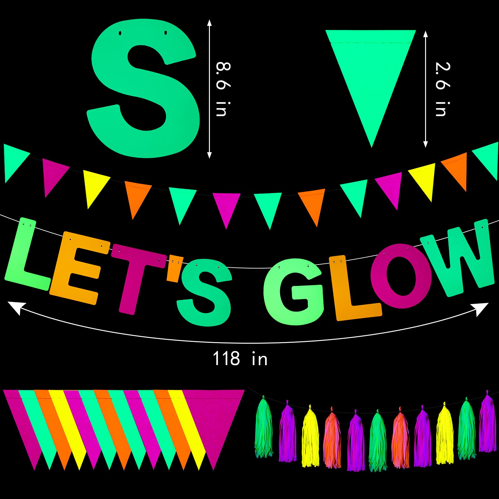 Outus Neon Party Supplies Includes Let's Glow Banner 20 Pieces Neon Paper Tassels and Neon Triangle Flag Glow in The Dark Party Supplies Bunting Party Hanging Decorations for Birthday Christmas Party