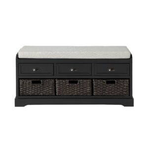 SOFTSEA Wood Storage Bench with Cushion, 3 Drawers and 3 Rattan Baskets for Entryway, Hallway, Living Room (Black)